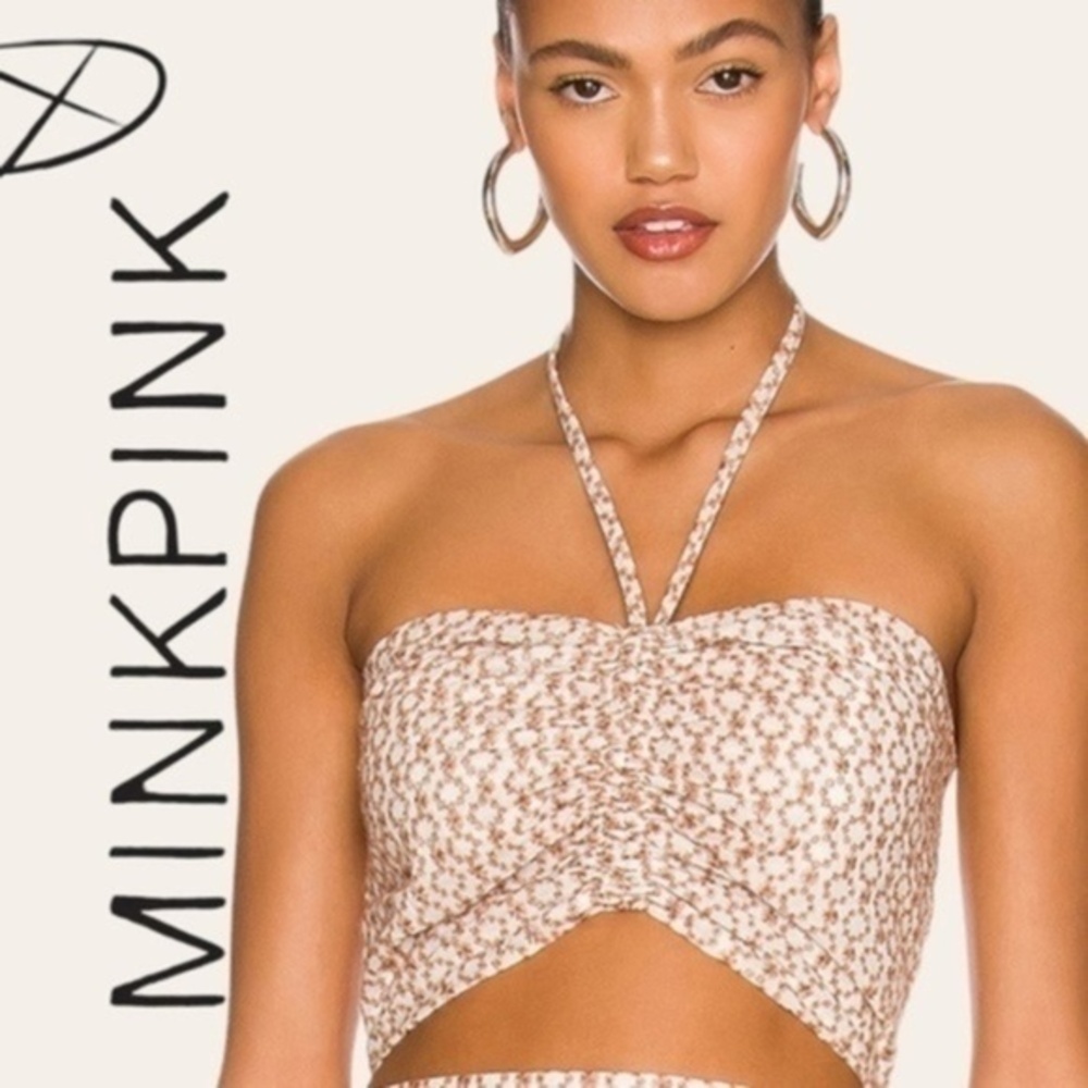 MINKPINK Women's Tanjil Embroidered Zip Up Ruched Front Halter Top/NWT-LG